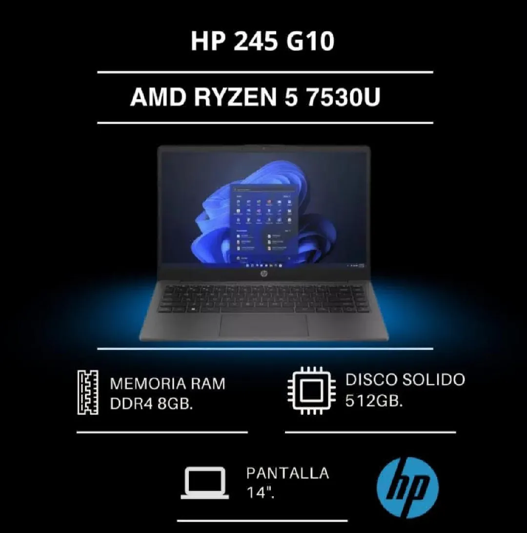 HP 245 G10, AMD RIZEN 5 7530U,DISCO SOLIDO 512GB,RAM DDR4 5 PANTALLA 14