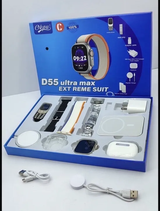 📣Smartwatch D55 Espectacular combo Incluye celular para sincard (solo llamadas) cargador MagSafe PowerBank MagSafe Bluetooh pro 2 AAcabezal PD 3 pulsos diferentes protector reloj