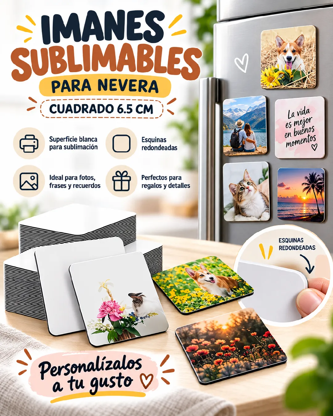 IMANES SUBLIMABLES PARA NEVERA CUADRADO 6.5 CM
