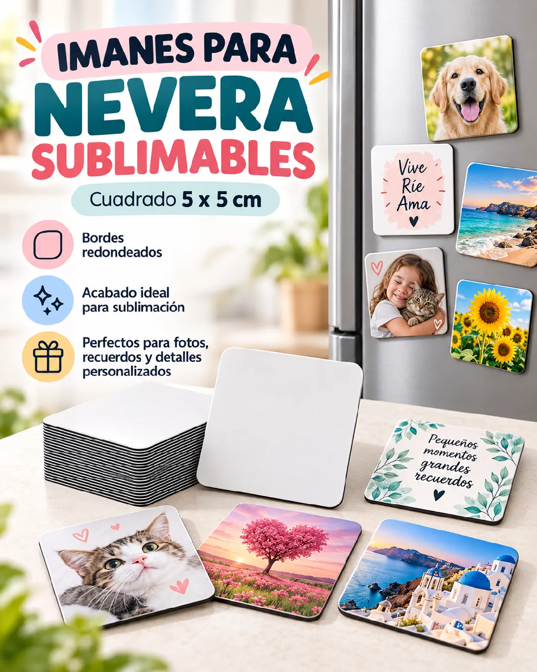 IMANES SUBLIMABLES PARA NEVERA CUADRADO 5X5 CM
