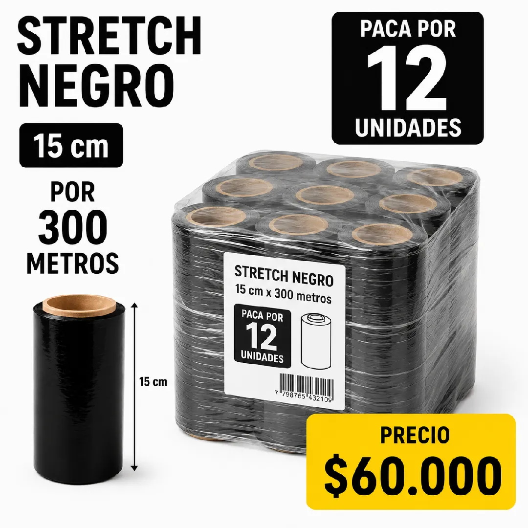 PAPEL STRETCH NEGRO 15 CM X 300 METROS PACA POR 12 UNIDADES
