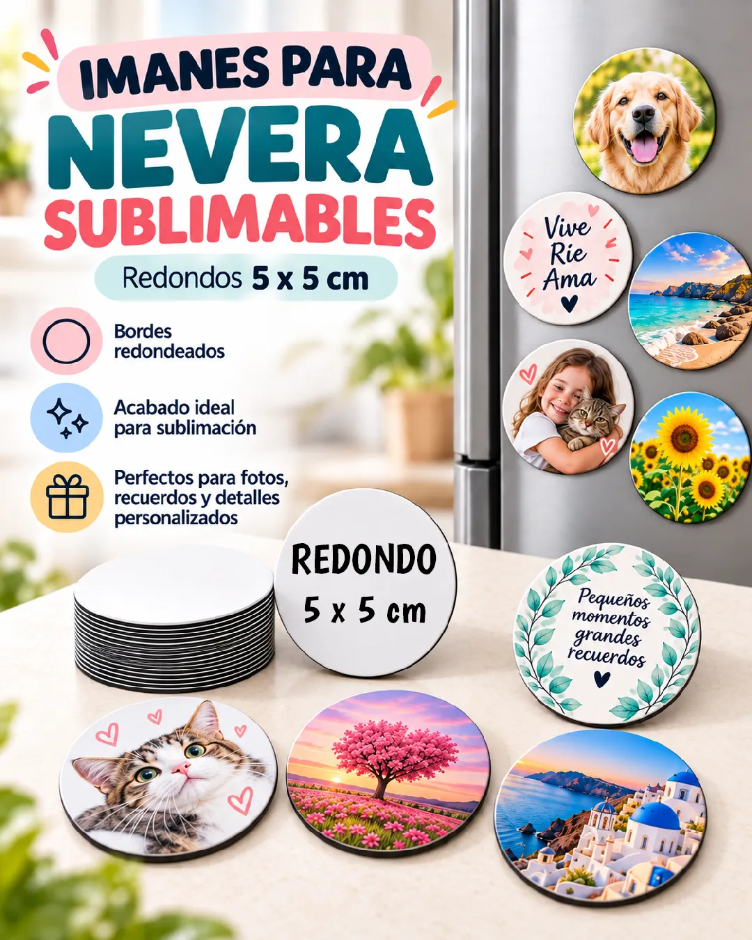 IMANES SUBLIMABLES PARA NEVERA REDONDOS 5X5 CM