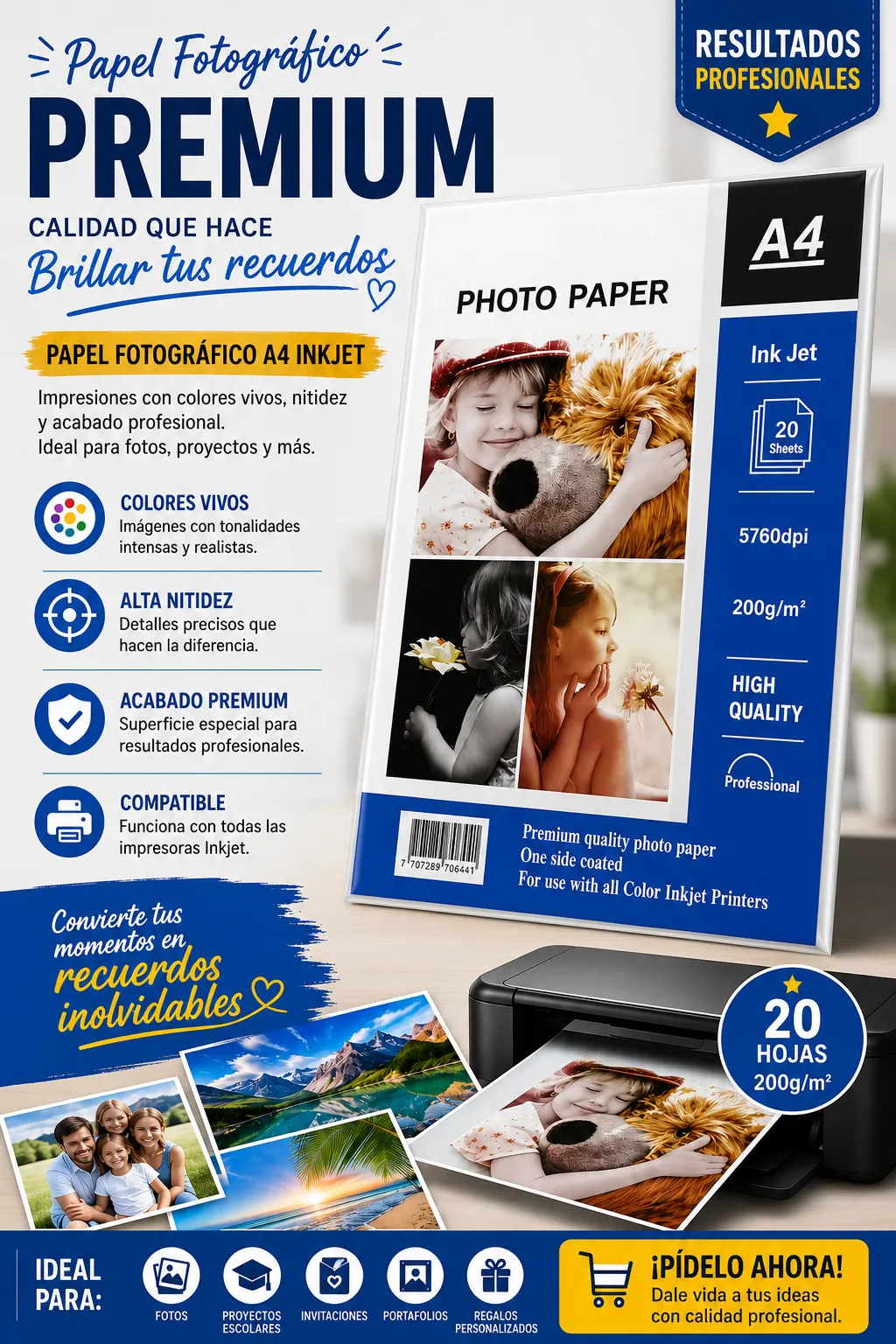 PAPEL FOTOGRAFICO INKJET 200 GRAMOS X 20 HOJAS