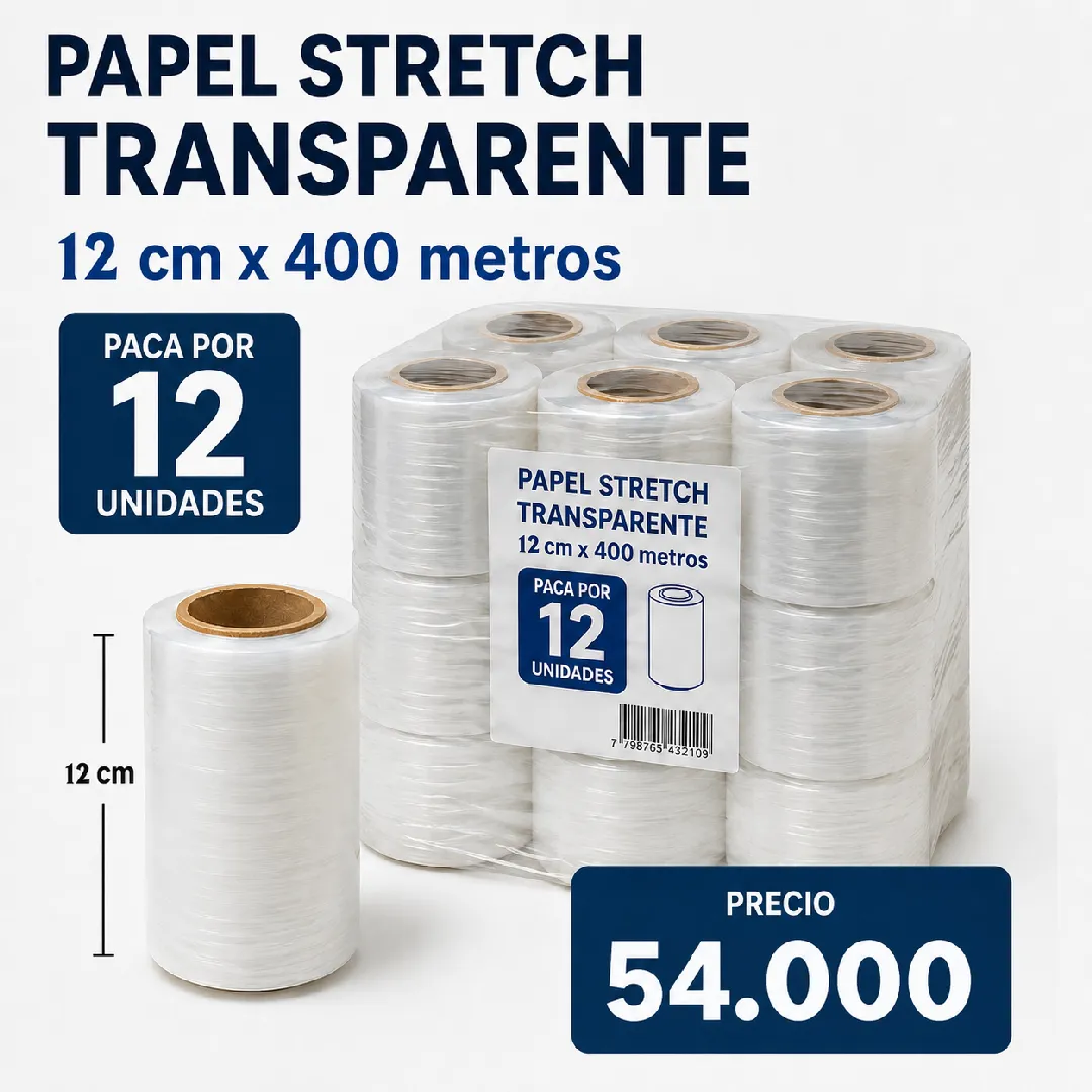 PAPEL STRETCH TRANSPARENTE 12 CM X 400 METROS PACA POR 12 UNIDADES