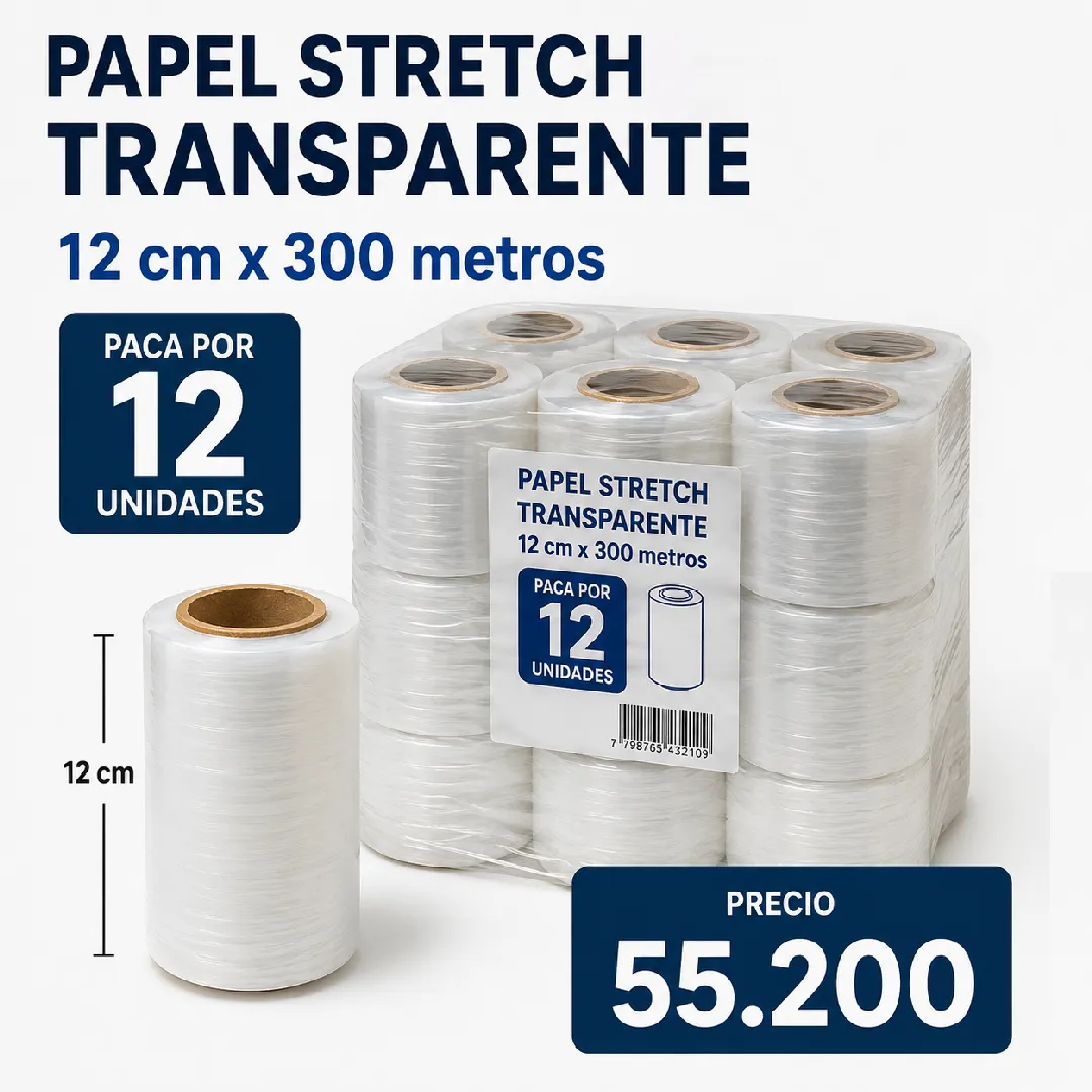 PAPEL STRETCH TRANSPARENTE 12 CM X 300 METROS PACA POR 12 UNIDADES