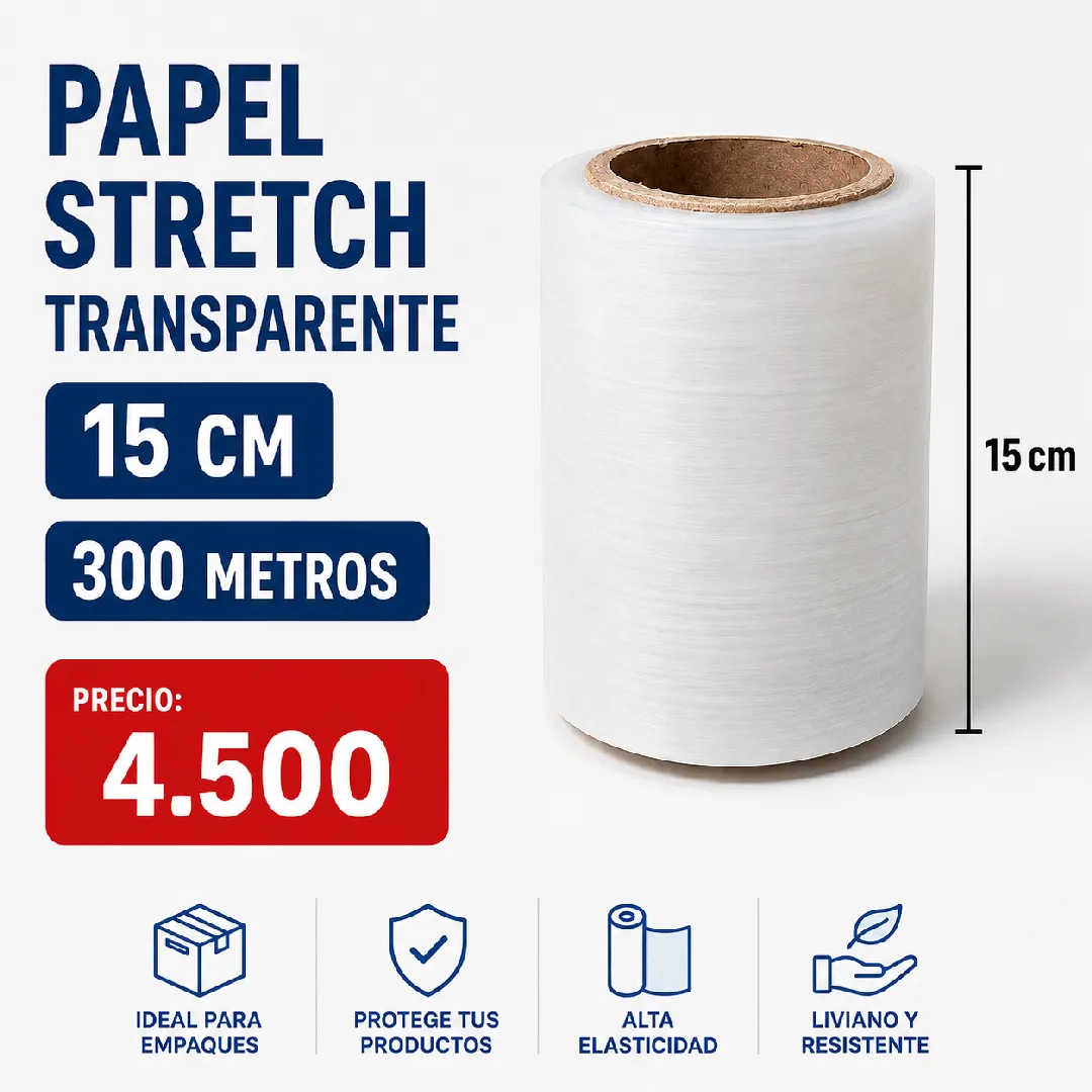 PAPEL STRETCH TRANSPARENTE 15 CM X 300 METROS