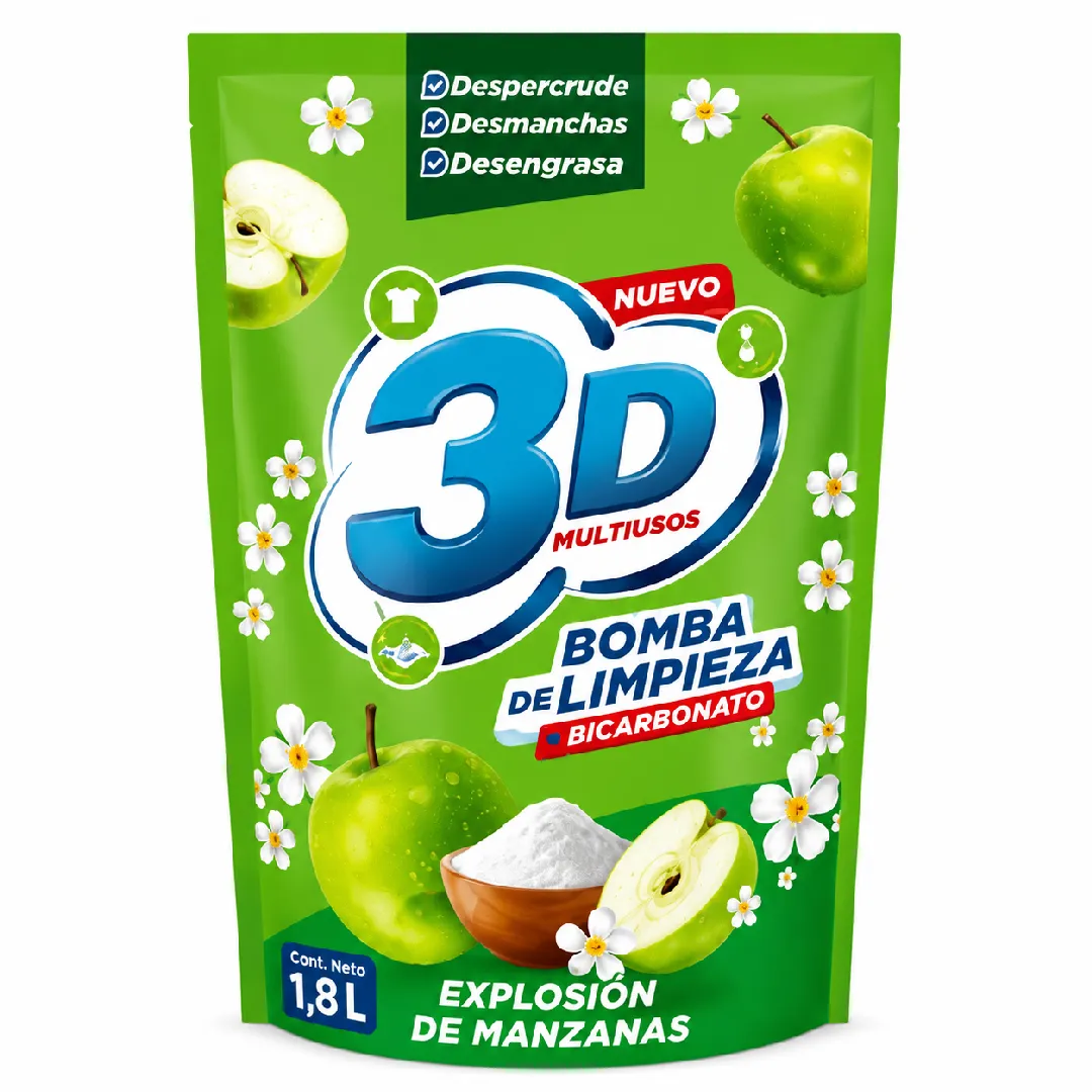 DETERGENTE 3D LIQUIDO MULTIUSOS MANZANA X 1800 ML