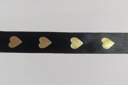 CINTA NEGRO DISEÑO CORAZÓN DORADO  1M