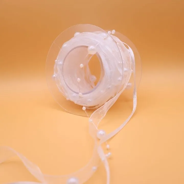 CINTA ORGANZA TIRA CON PERLAS 1 METRO