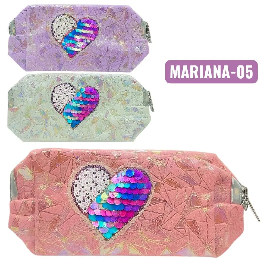 COSMETIQUERA MEDIANA CON LENTEJUELAS DISEÑO CORAZON COLORES SURTIDOS 