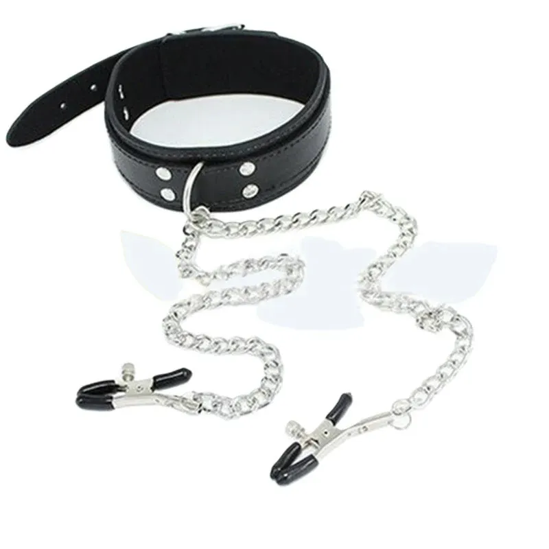 Collar EN CUERO CON PEZONERAS BDSM (NEGRO) CLL350DH