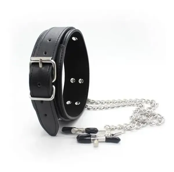 Collar EN CUERO CON PEZONERAS BDSM (NEGRO) CLL350DH