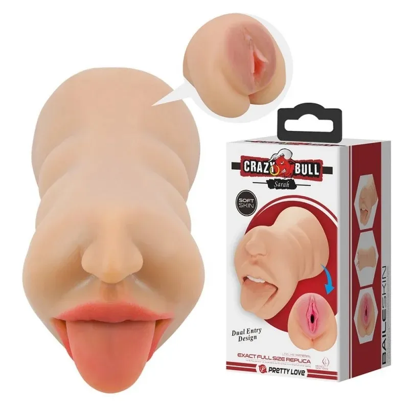Masturbador DOBLE BOCA(LENGUA) Y VAGINA 18/8.5CM (PIEL) MST1537ND