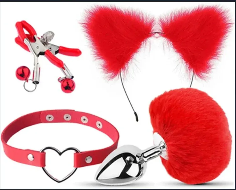 Kit *4 DIADEMA/PEZONERAS/COLLAR/PLUG CONEJO (ROJA) KT1948BR