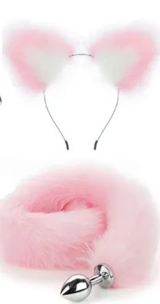 Kit *2 DIADEMA-PLUG MET/PLATEADO COLA ZORRO TS 7.3/2.8CM (ROSADO) KT889BR