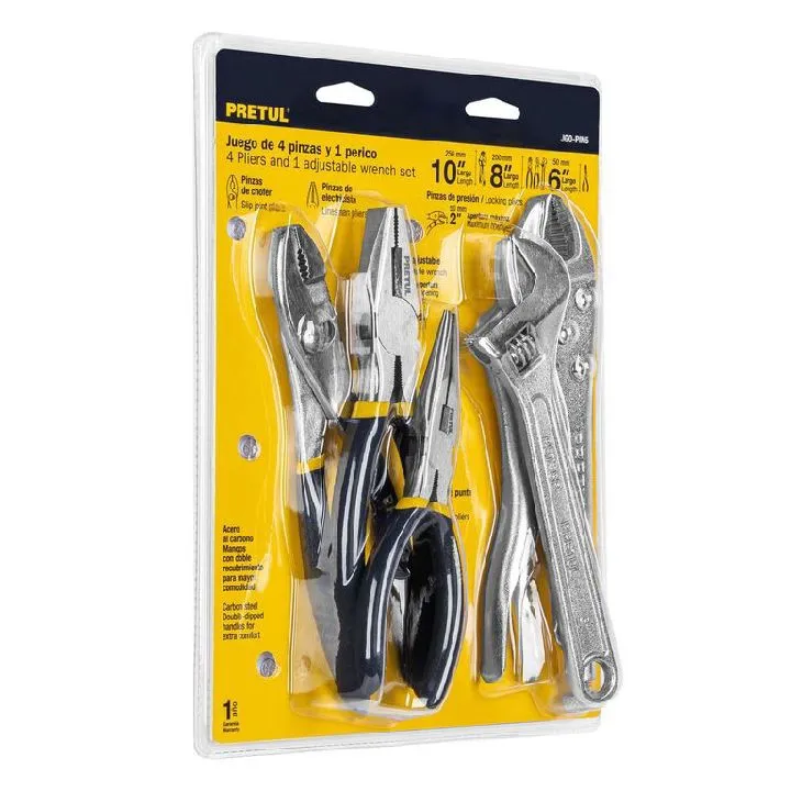 JUEGO DE 4 PINZAS Y LLAVE AJUSTABLE PRETUL