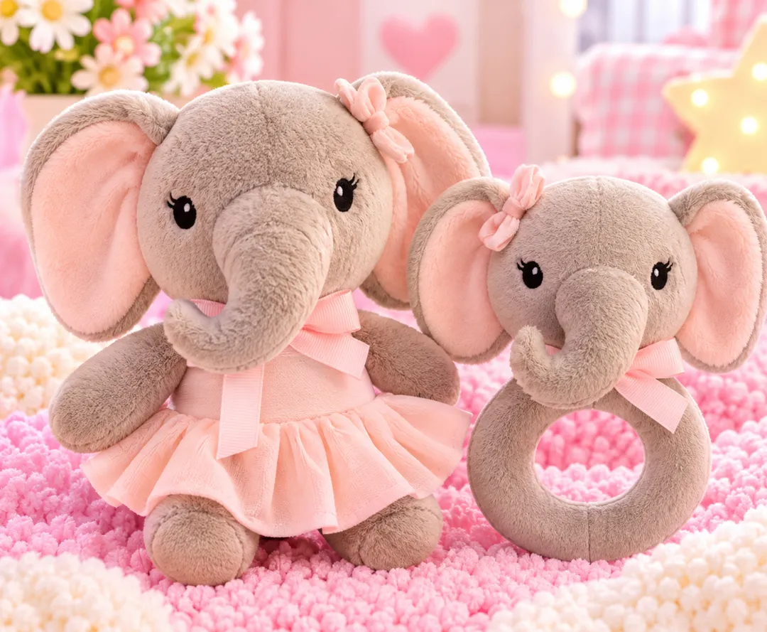 Peluche Y Sonajero Elefante Rosa