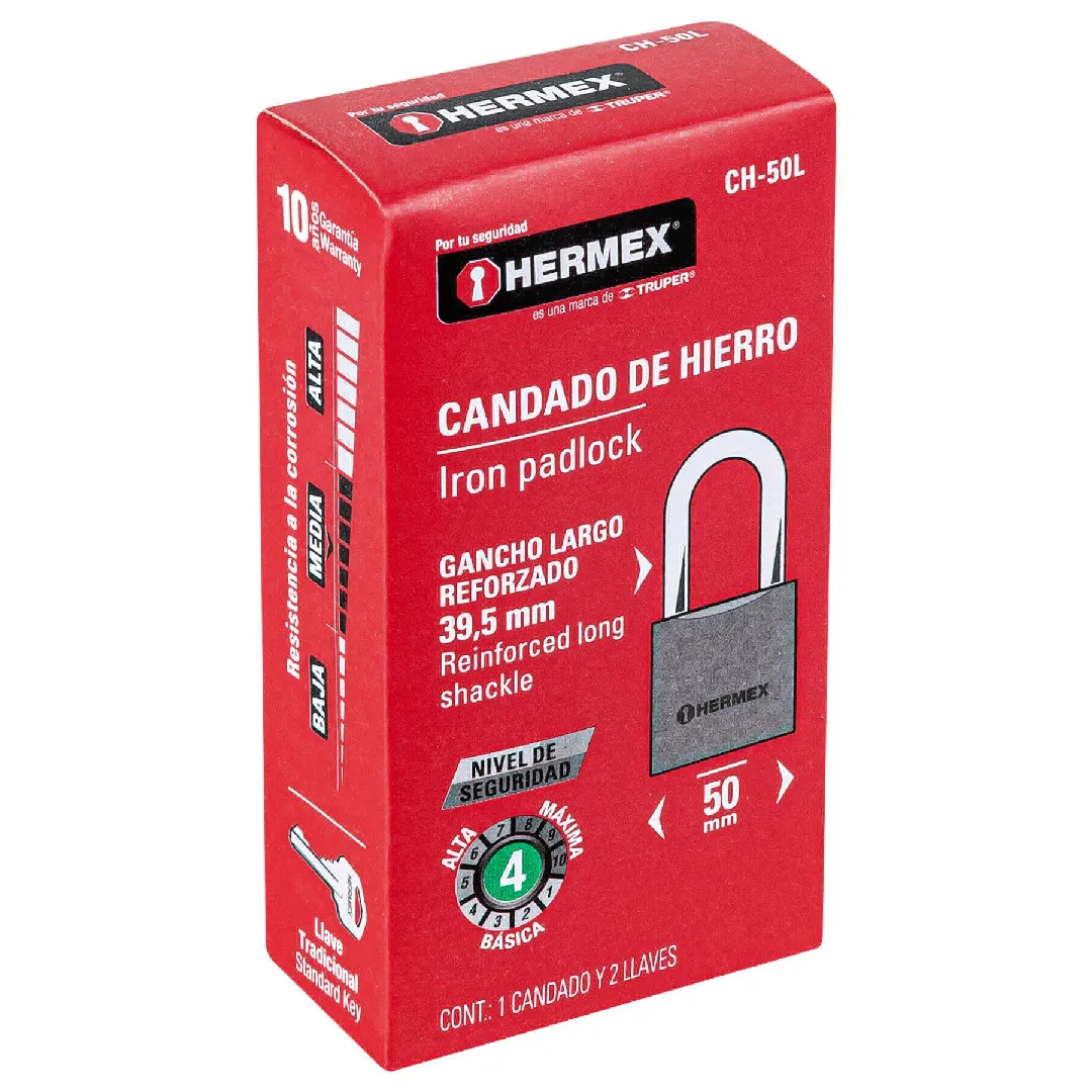 Candado de hierro 50 mm, GANCHO LARGO, HERMEX