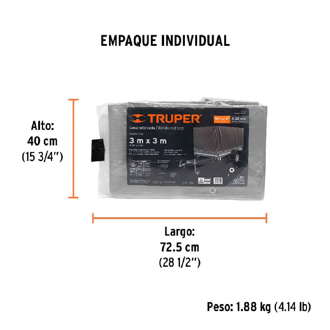 Lona de polietileno reforzada 3 x 3 m, GRIS, 180g/m2, uso medio, TRUPER