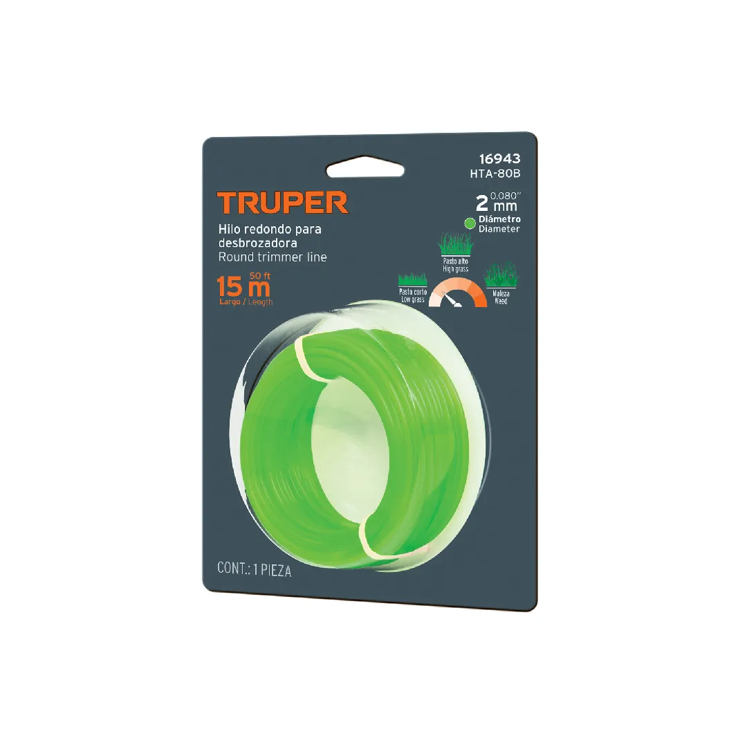 Hilo redondo, para desbrozadora (VERDE), 2mm x 15m, tarjeta, TRUPER