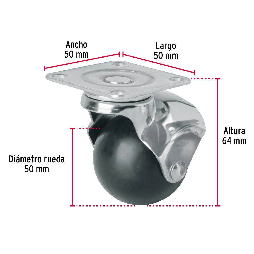 Rodaja esférica (llanta para mueble), 50 mm con placa, FIERO