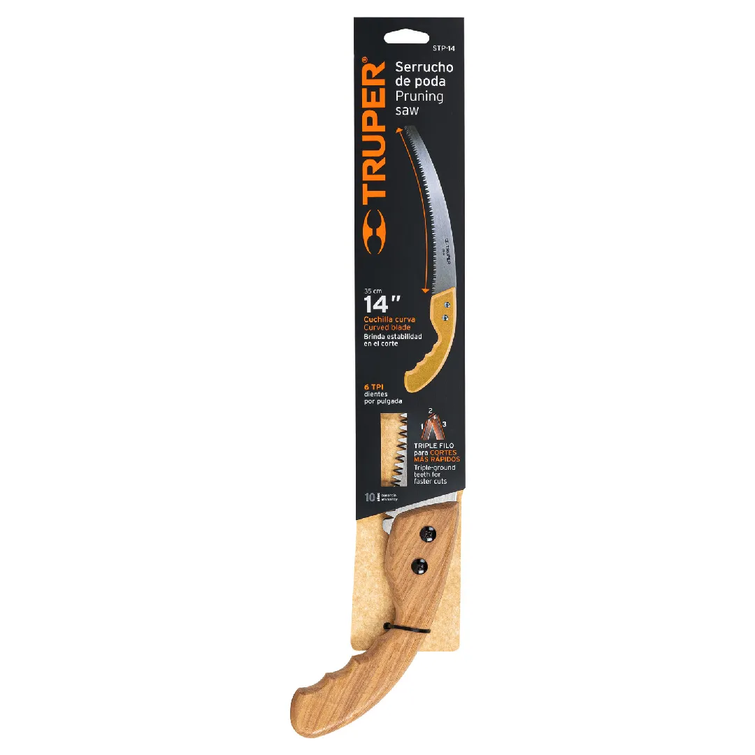 Serrucho de poda 14",hoja curva,6 DPP, mango madera, TRUPER
