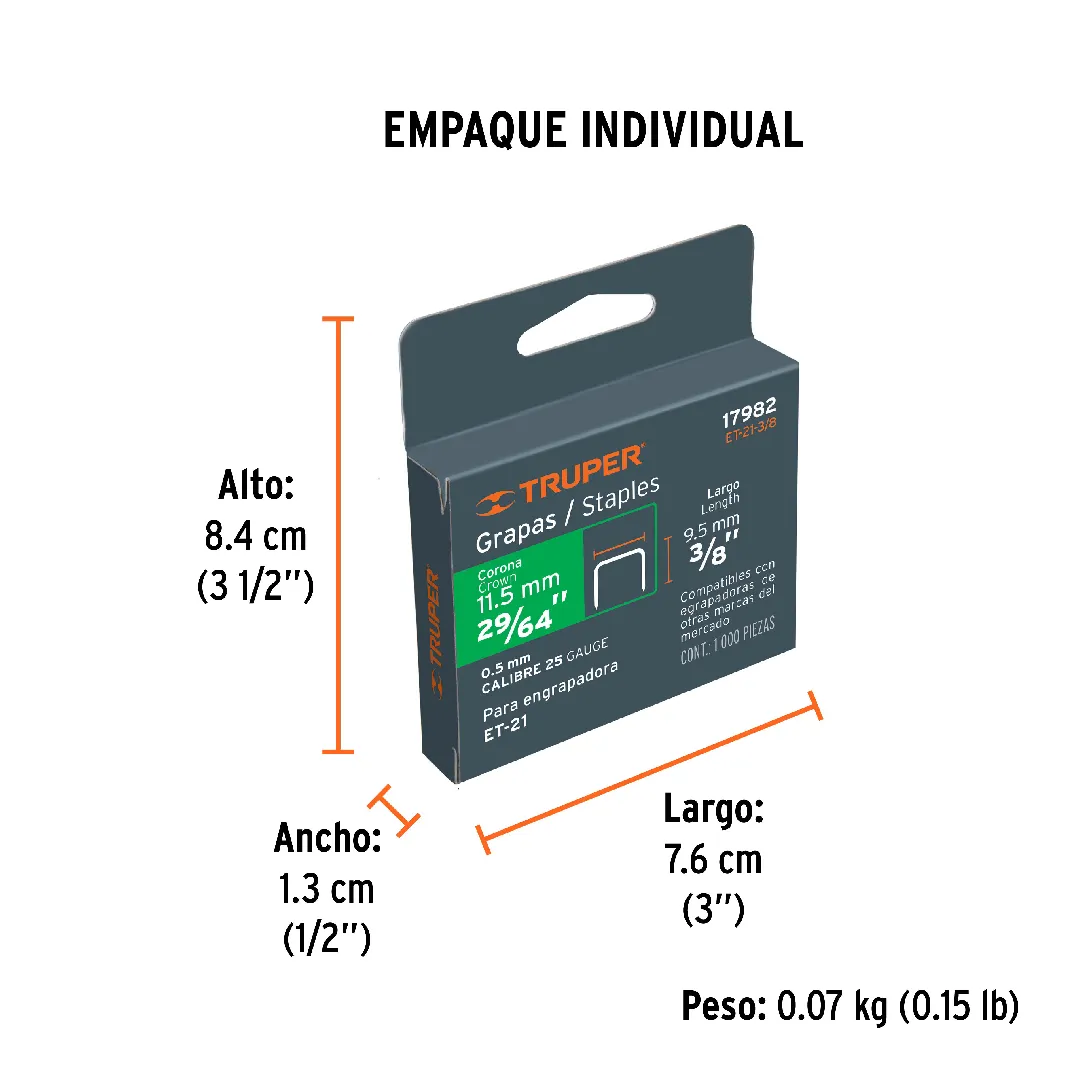 Grapas 3/8" corona 11.5 mm (29/64'), para ET-21, TRUPER