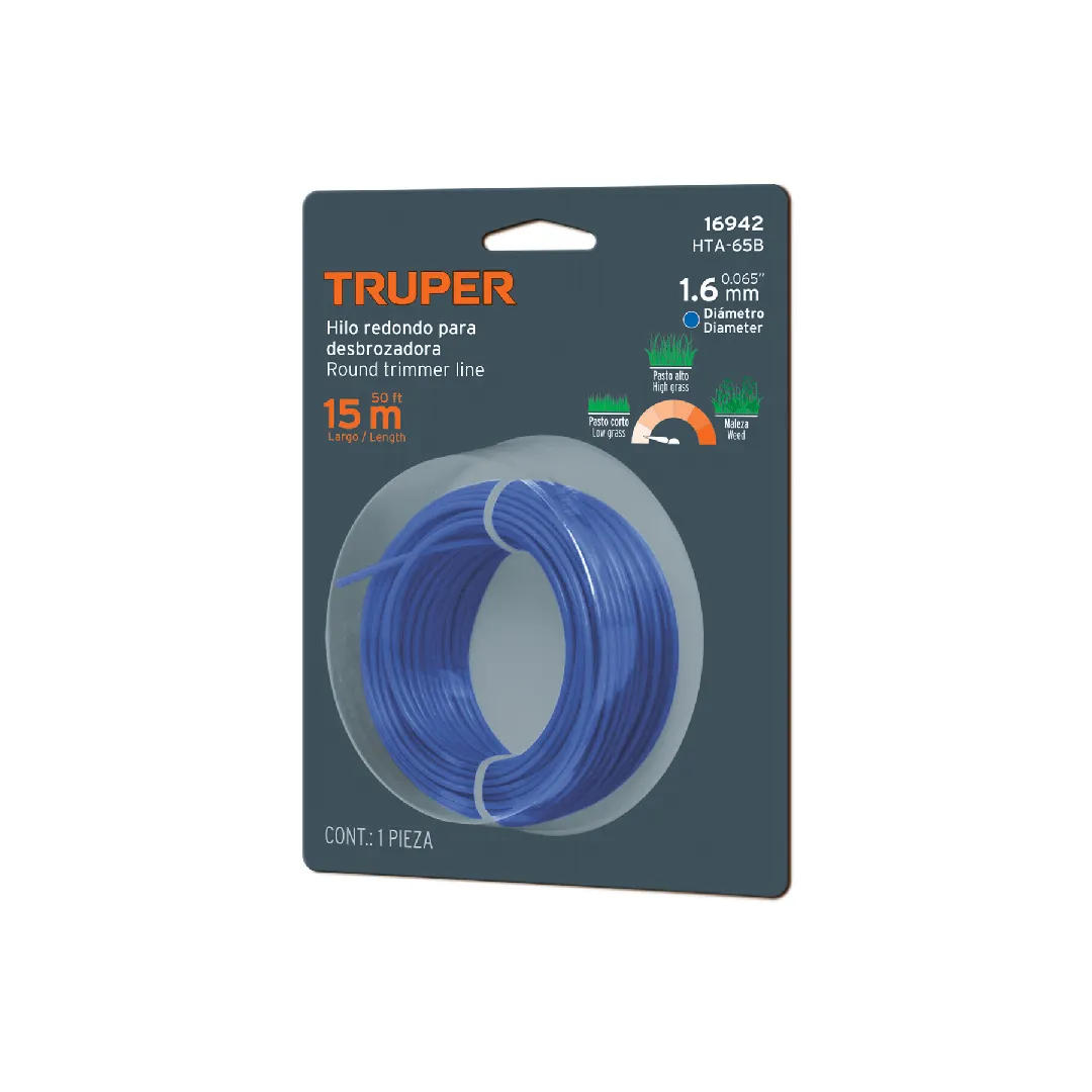 Hilo redondo, para desbrozadora (AZUL), 1.6mm x 15m, tarjeta, TRUPER