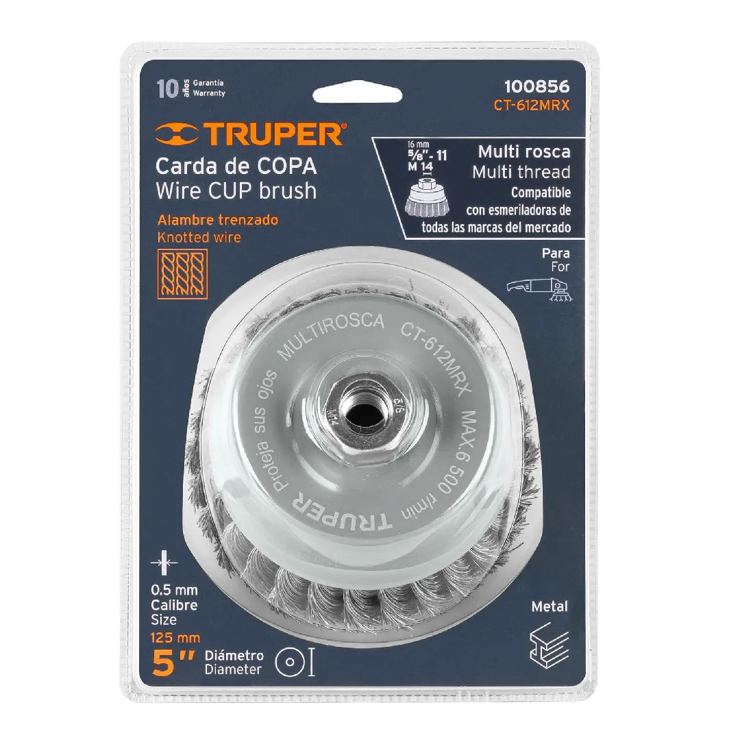 Carda copa 5" alambre trenzado grueso, Multirosca, TRUPER