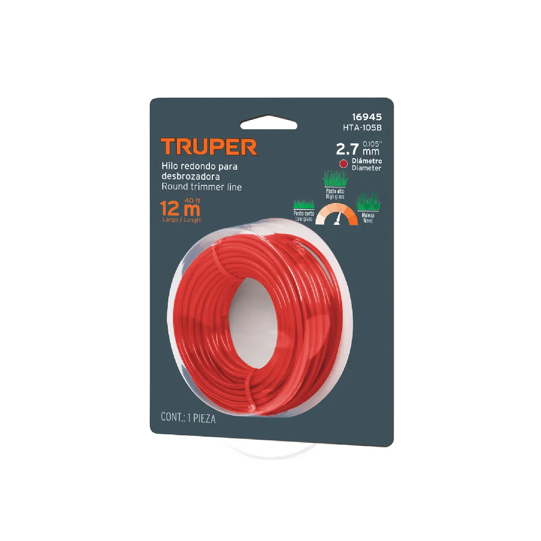 Hilo redondo, para desbrozadora (ROJO), 2.7mm x12m, tarjeta, TRUPER