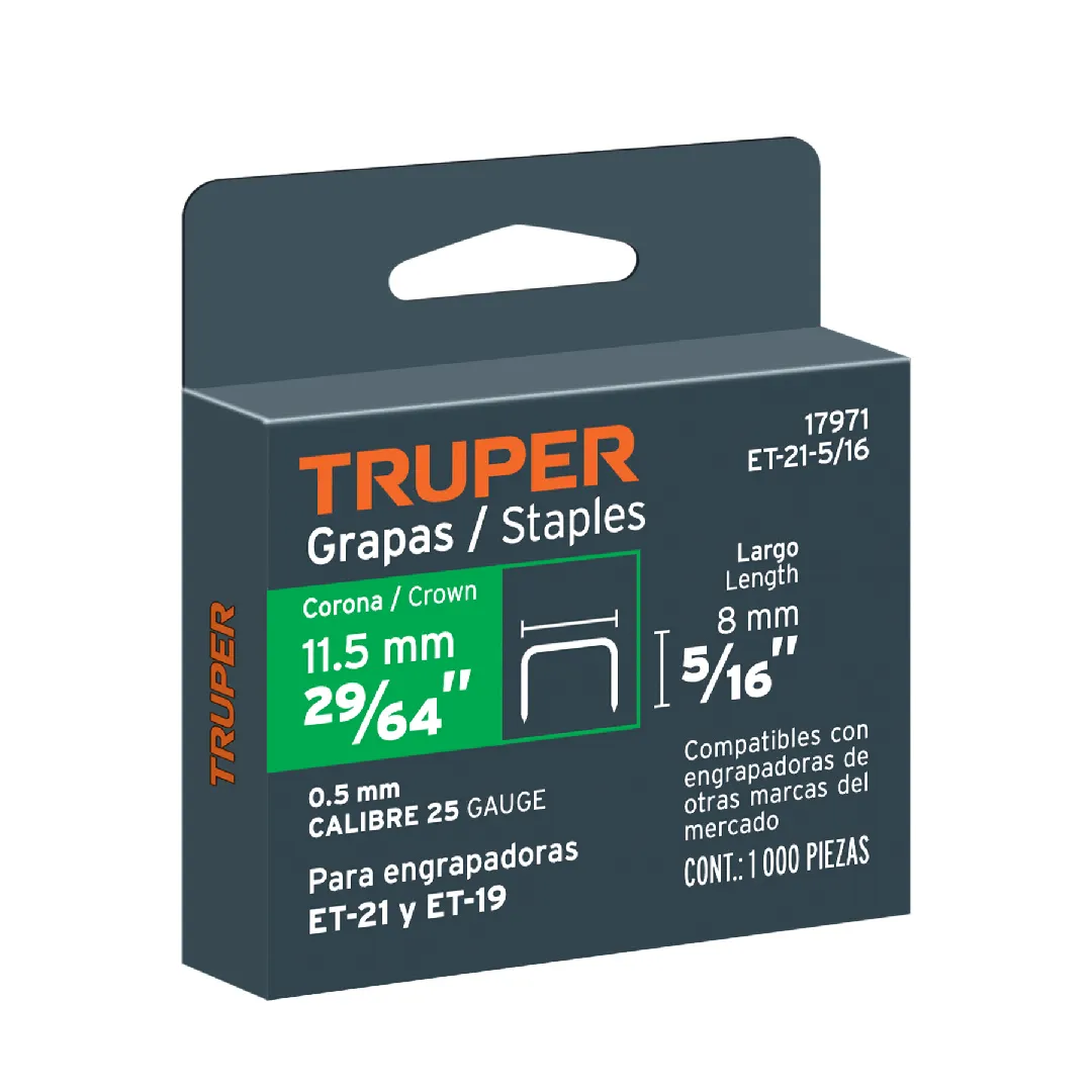 Grapas 5/16" corona 11.2 mm, para ET-21 y ET-19 (1 000 pz), TRUPER