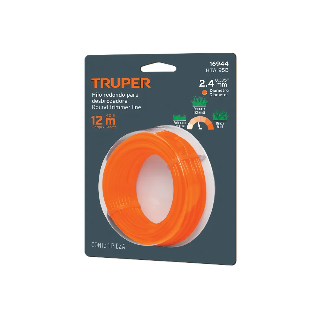 Hilo redondo, para desbrozadora (NARANJA), 2.4mm x 12m, tarjeta, TRUPER