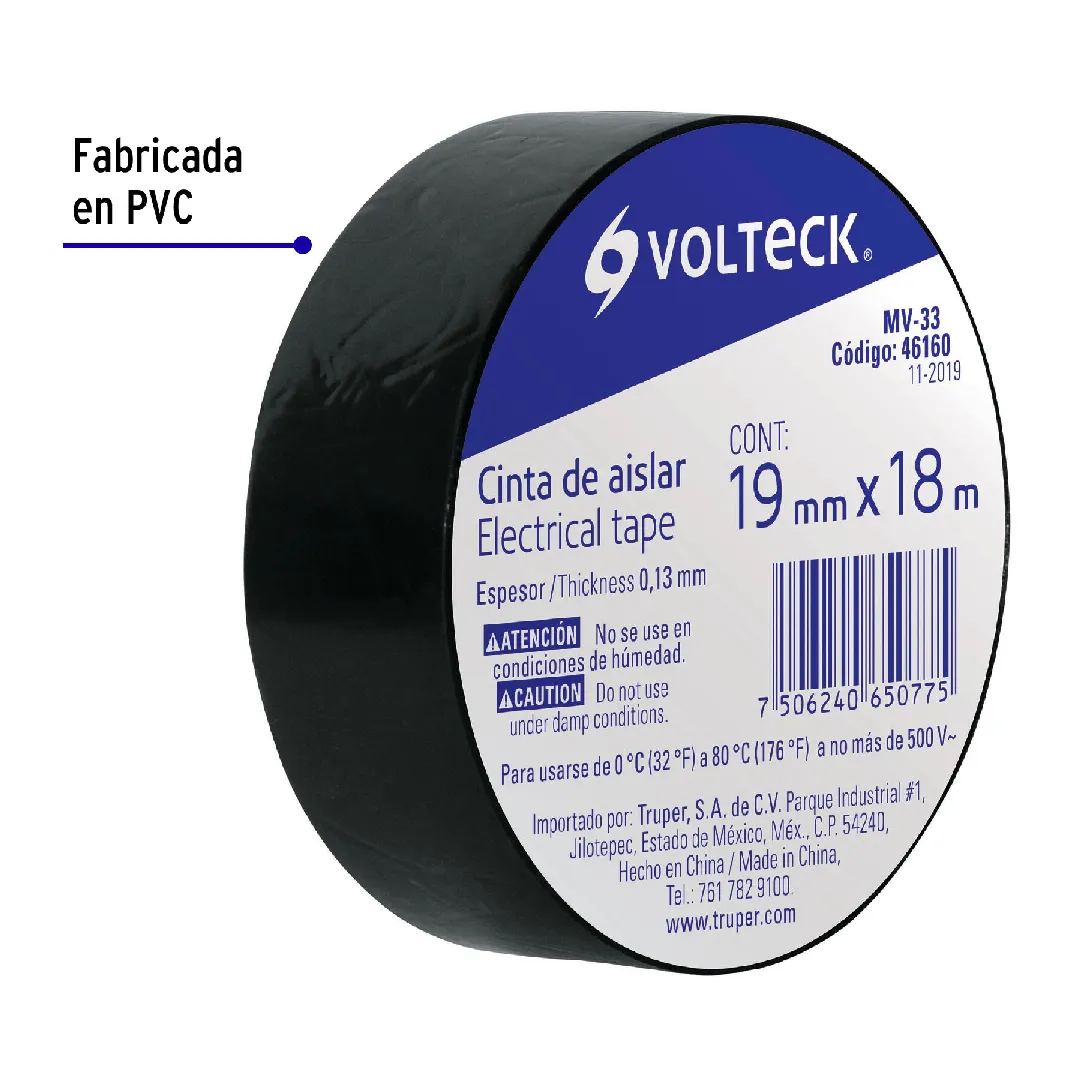 Cinta de aislar NEGRA de 18 m x 19 mm, VOLTECK