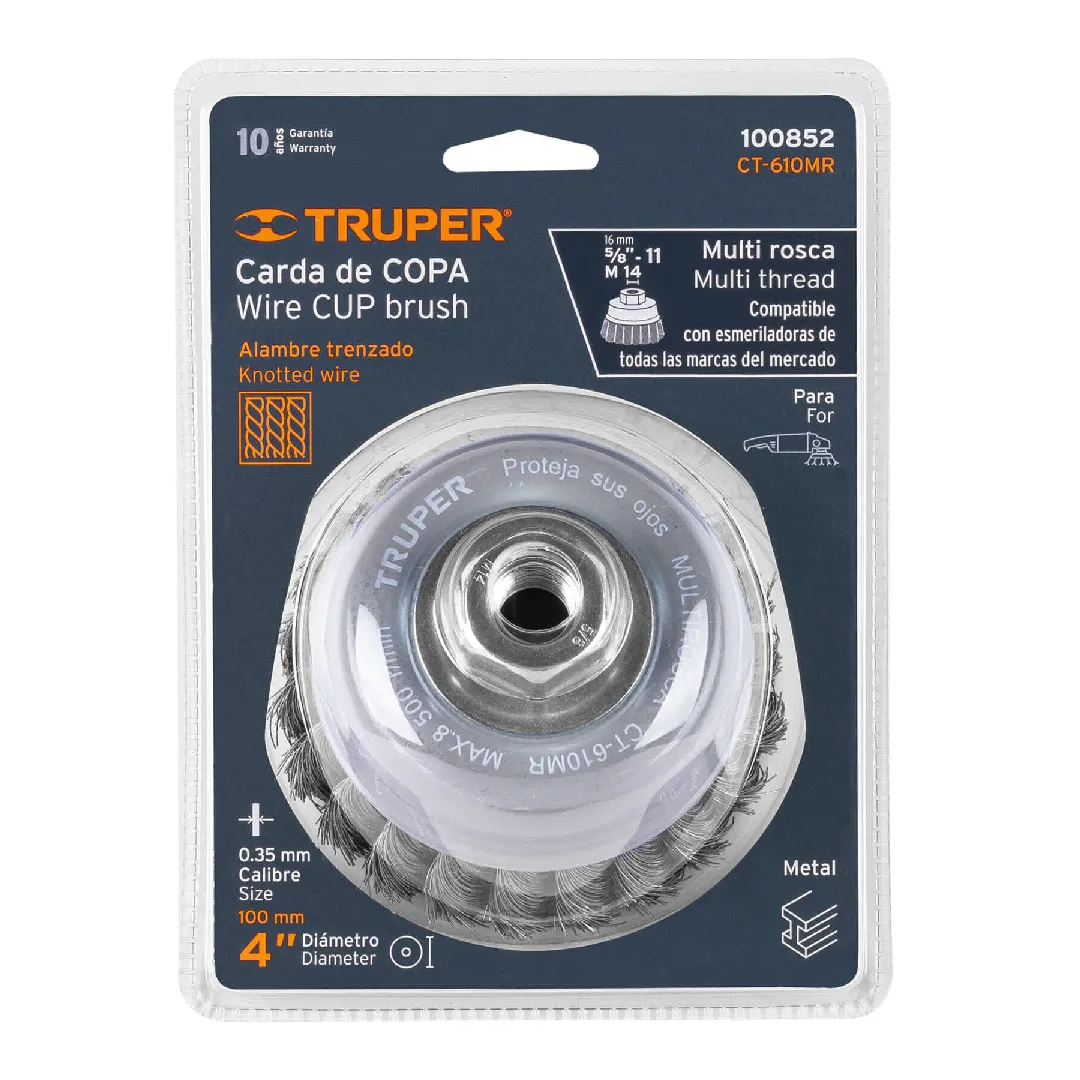 Carda copa 4" alambre trenzado fino, Multirosca, TRUPER