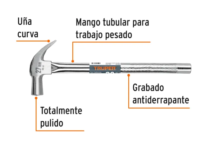 Martillo cabeza cónica 27 mm uña curva, mango tubular,TRUPER