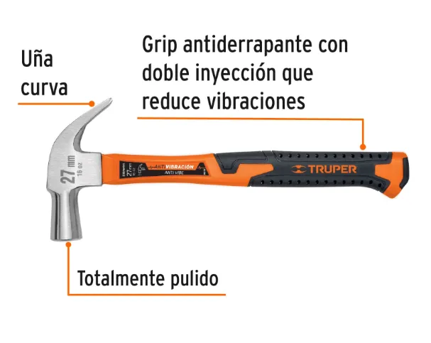Martillo cabeza cónica 27 mm uña curva, mango fibra vidrio