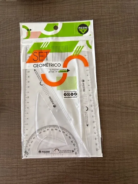 SET GEOMÉTRICO x3 piezas REGLA TRANSPORTADOR Y ESCUADRA