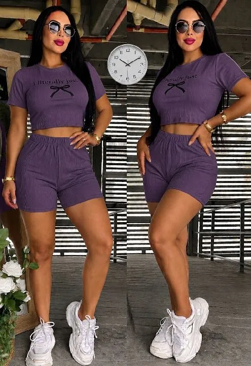 017 conjunto shorts lila rib acanalado talla única