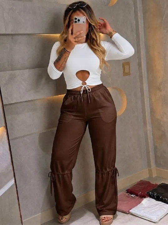 030 conjunto con laso en pantalón marrón talla única