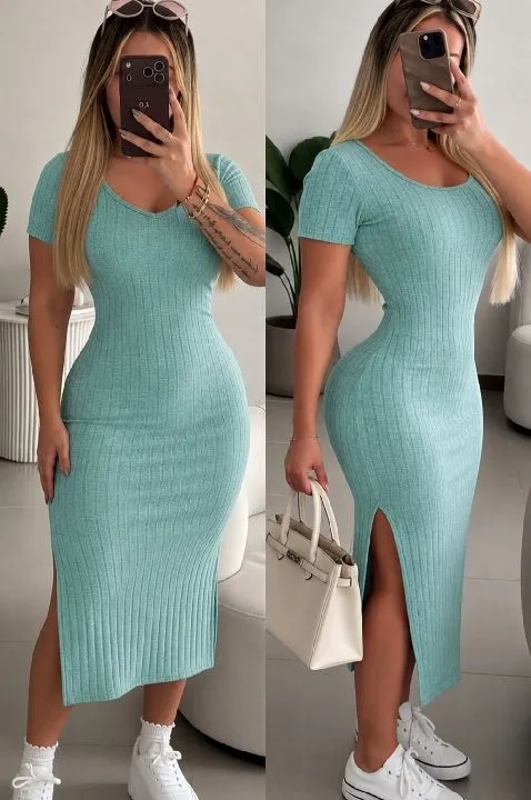Vestido rib casual verde agua talla unica