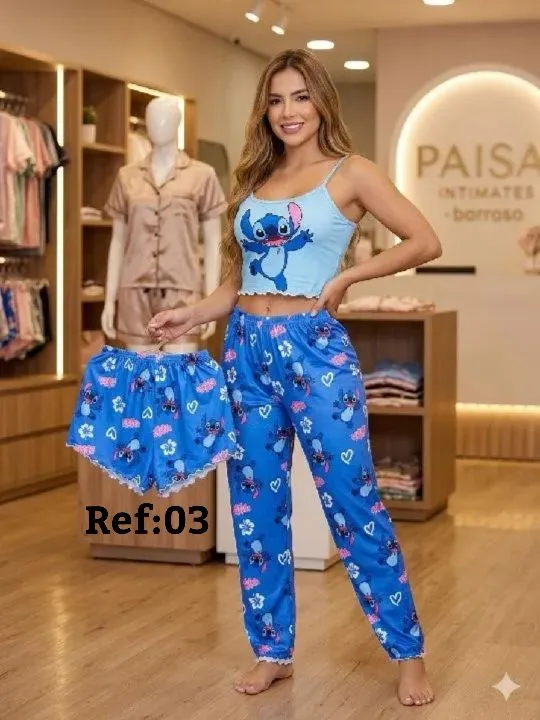 03 pijama trío stitch-azul cielo-piel durazno Talla unica