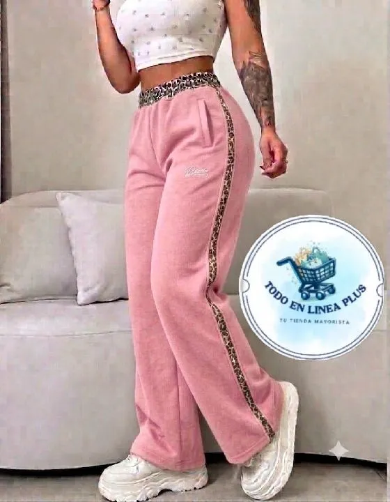022 pantalon con bies animal print palo de rosa Talla unica ref:022