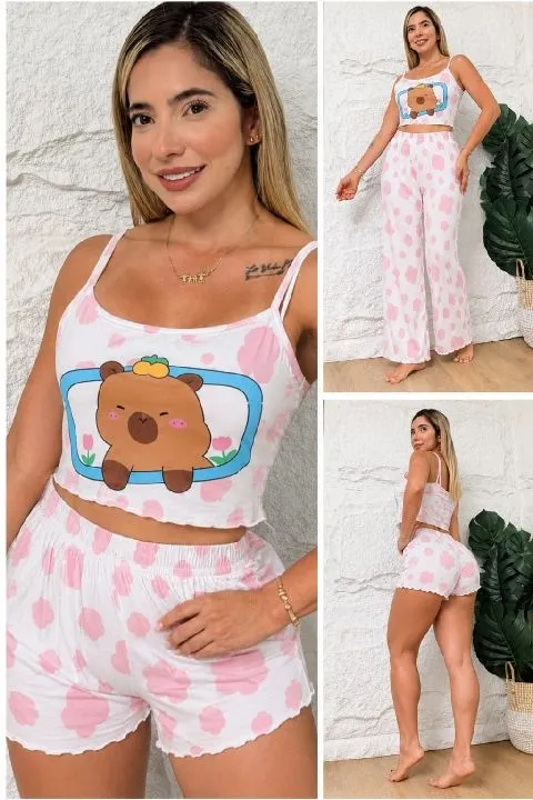 03 pijama trío capibara piel durazno Talla unica