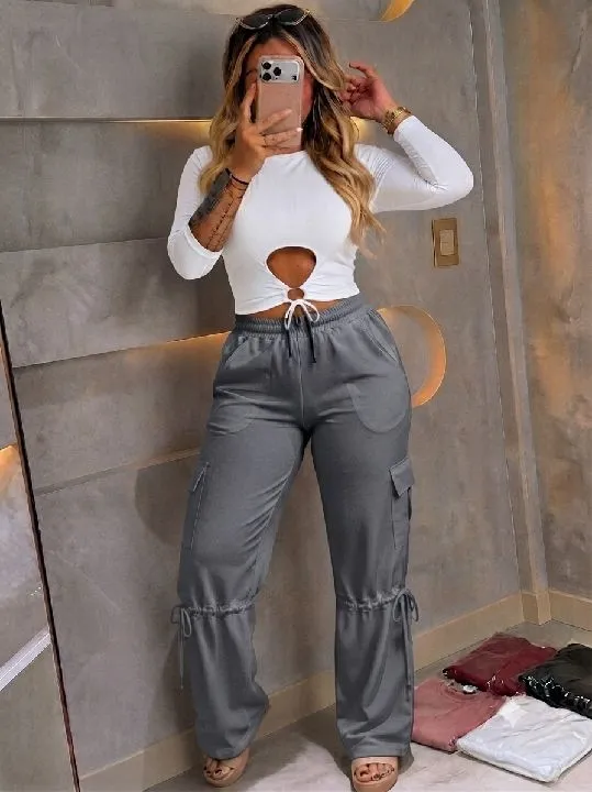 030 conjunto con laso en pantalón gris talla única