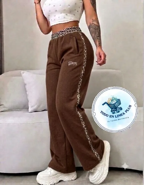 022 pantalon con bies animal print marron Talla unica ref:022