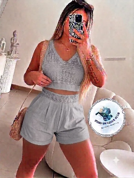 015 set 2 pieza  encaje gris multi fashion talla L/xL