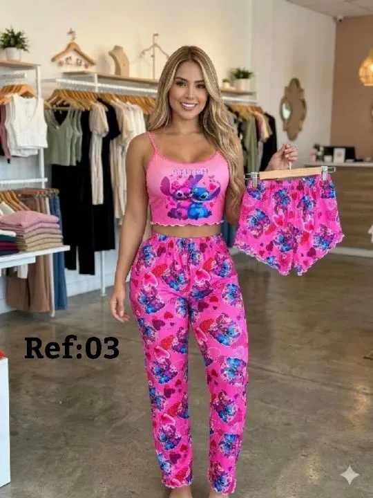 03 Pijama trío stitch-Fusia-piel durazno Talla unica