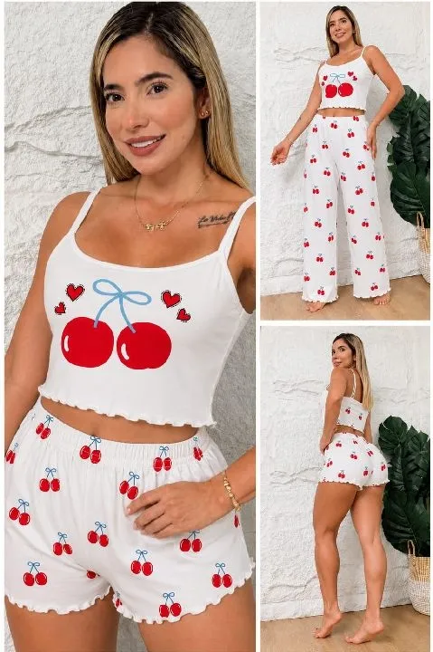 03 pijama trío cerezas piel durazno Talla unica