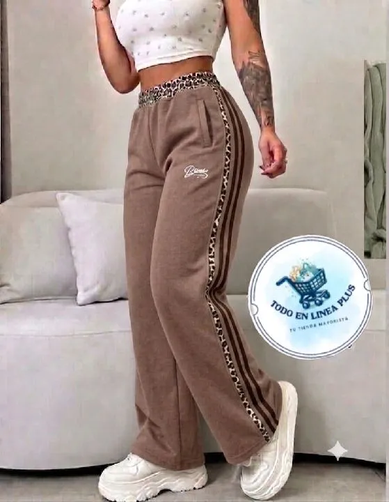 022 pantalon con bies animal print beige Talla unica ref:022