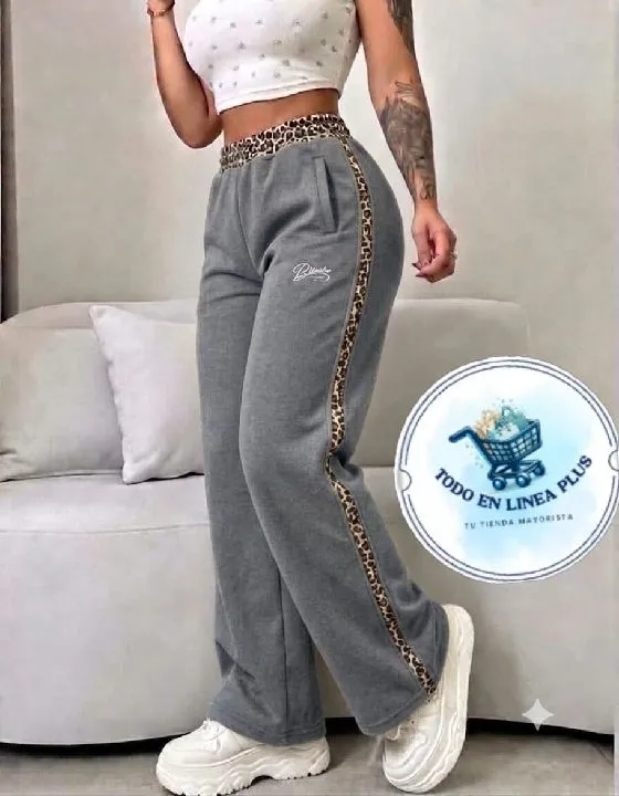 022 pantalon con bies animal print gris Talla unica ref:022